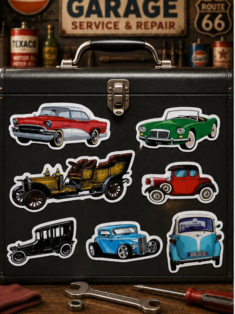 Classic Car Stickers Antique Hot Rod Roadster Vintage Auto Vinyl Decals 7pc Set